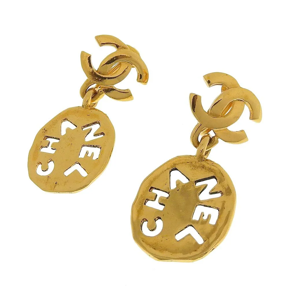 CHANEL Earrings GP Gold Vintage Cut Out CHANEL Logo Coco mark Auth #120420