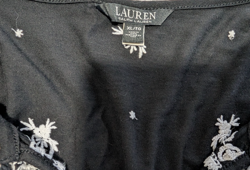 Lauren RALPH LAUREN Embroidered Jersey Tie Neck Top Black/White Women's Size XL - Picture 7 of 15