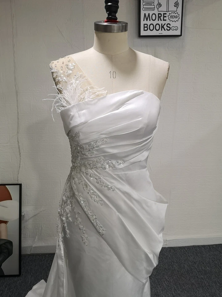 One Shoulder Mermaid Wedding Dresses Feather Sequined Backless Satin Bridal Gown - Image 4 of 4