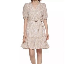 Calvin Klein Puff-Sleeve V Neck Belted Dress 100% Cotton Dress Size 8 Beige