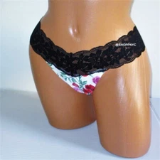 PINK Victoria Secret Cotton Thong Panty M XL Lace Waist White Floral FREE SHIP
