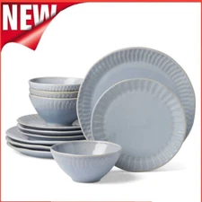 Entertain 365 12-Piece Artisanal Blue Stripe Stoneware Tableware Set Strong New