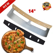 Sharp Pizza Cutter Stainless Steel Rocker Blade Knife Wooden Handle & Cover 14IN