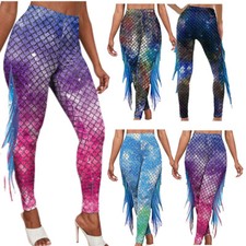 Womens Mermaid Fish Scale Cosplay Costume Sport Yoga Trousers Fitness Long Pants