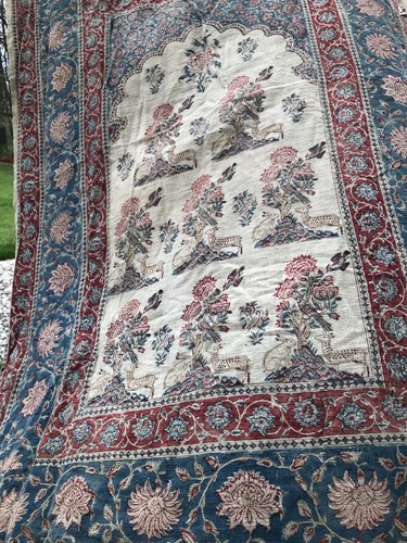 Vintage India Hand Block Print ANIMALS Tapestry Throw Linen Cotton 56 X 34” - Picture 5 of 7