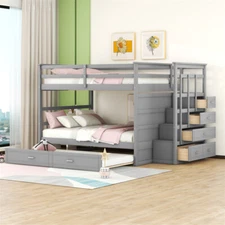 Full-over-Full Bunk Bed with Twin Size Trundle and 3 Storage Stairs Gray