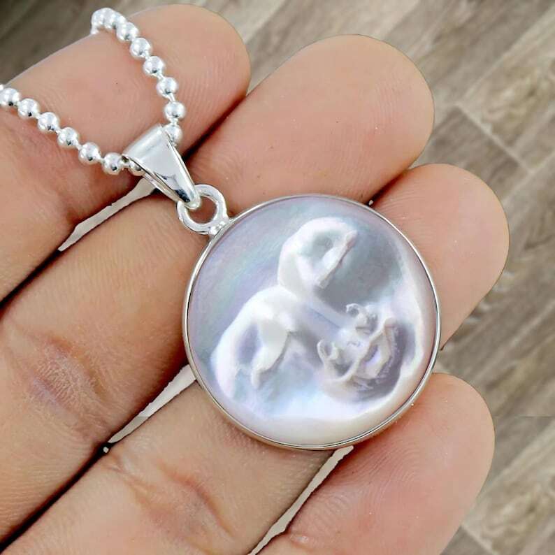 925 Sterling Silver Moon Face Pendant Mother of Pearl Hand Carved Unique  Gift