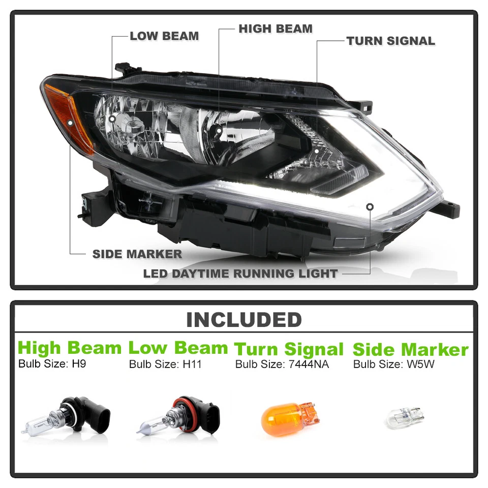 Faro halógeno LED DRL pasajero derecho derecho para Nissan Rogue 2017-2019 Foto 3 de 4