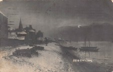 Russia 1914 Night at Village Boats Sea Snow Moonlight Art vintage postcard