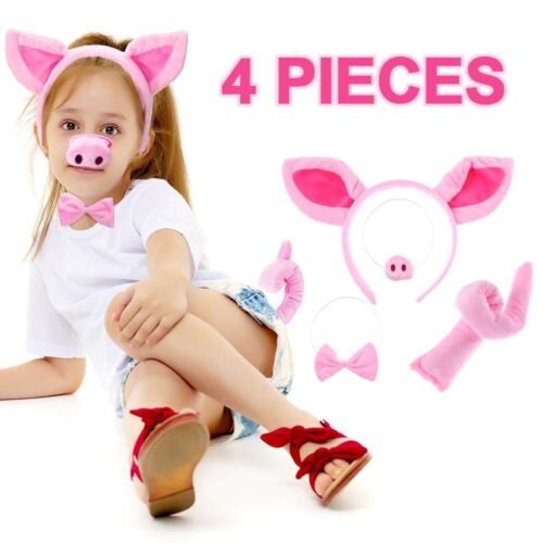 Adults Kids Halloween Pig Ears Nose Tail Pink Pig Fancy Dress Headband Bow Tie - Picture 1 of 15