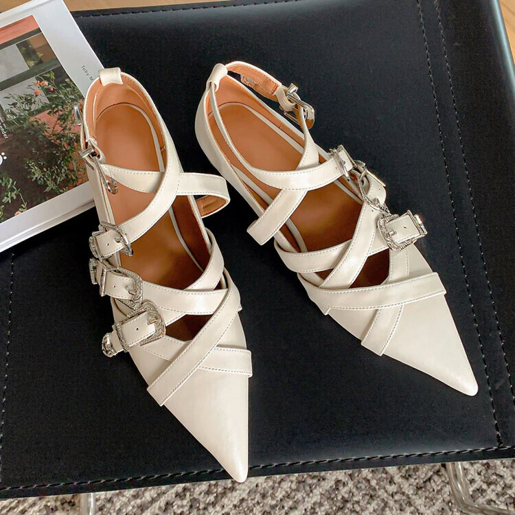 Roman Style Womens Pointed Toe Cross Strappy Buckle Pumps Flats Heel Party Shoes