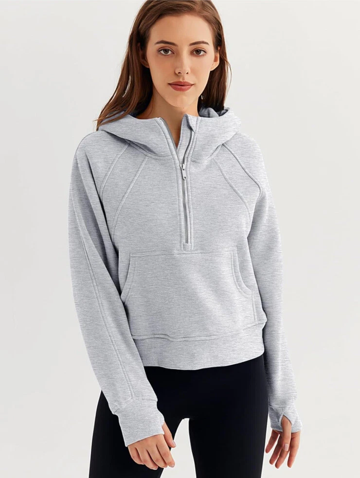 Trendy Queen Women s Sweater Solid Grey Hoodie Hooded Cropped Zip