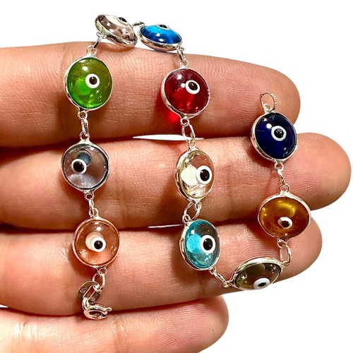 Multicolor Evil Eye Bracelet 925 Sterling Silver 10mm Crystal 7.5" Gift Women - Picture 4 of 4