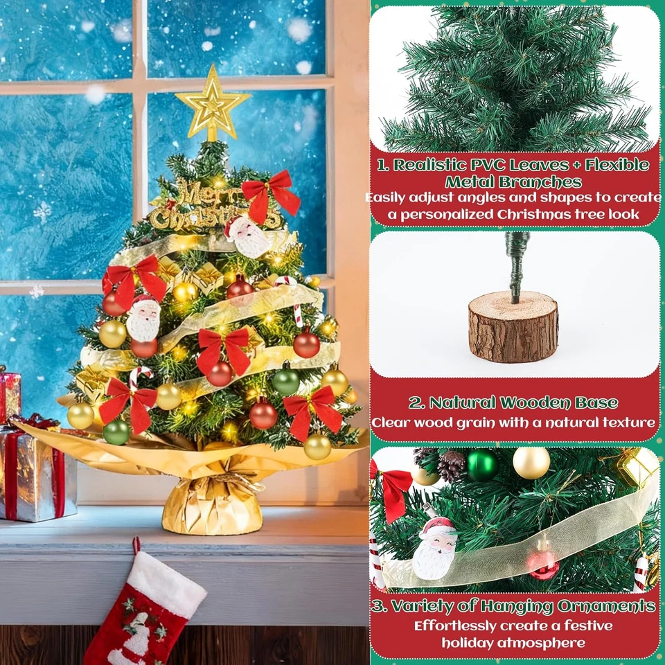 Albero Di Natale Piccolo Con Luci Incorporate, Mini Albero Di Natale 60Cm Con 40 - Immagine 4 di 4