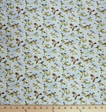 Cotton Chickadee Morning Chickadees Birds Flowers Fabric Print by Yard D134.22