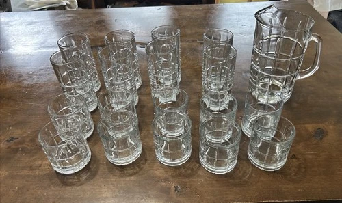 Anchor Hocking Clear Tartan Plaid 50oz Pitcher 8 16oz High 10 Juice Glass Set