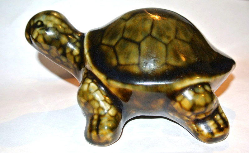 An Artisan Ceramic Dark Olive Green Glazed Turtle Figure 5 1/2" x 4 " x 2 3/4"