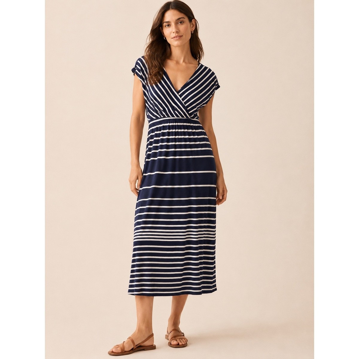 ladies striped summer dresses INC Women Surplice Midi Dress Large Nautical Navy Blue Knit Neckline: Strapless
