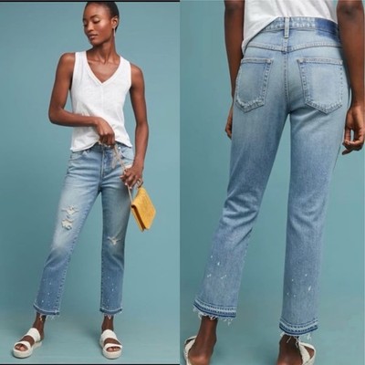 NWT AMO Babe High-Rise Cropped Distressed Jeans In Forget Me Not Blue Size 26