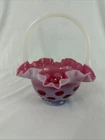 Fenton Cranberry Opalescent Glass Coin Dot Basket Applied Handle 8” Near Mint