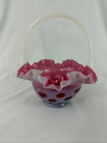 Fenton Cranberry Opalescent Glass Coin Dot Basket Applied Handle 8” Near Mint