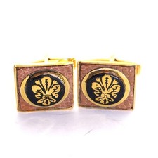 Vintage Estate Embossed Stamped Leather Crest Fleur De Lis Gold Tone Cuff Links