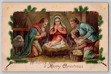 Christmas Nativity Manger Baby Jesus Lamb Mary EAS Embossed Postcard 1910's