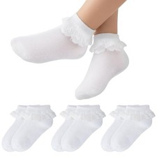 3 Pairs Toddler Little Girls Lace Ruffle Socks Eyelet Frilly Cotton 1-3T White