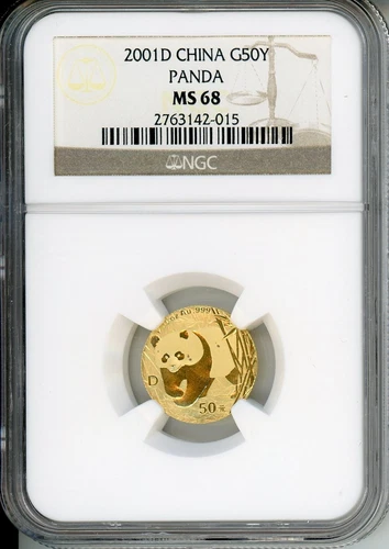 2001-D GOLD PANDA 50Y 50-Yuan Yn CHINA NGC MS68 SCARCE 1/10 Oz. MS-68 Toned !!!