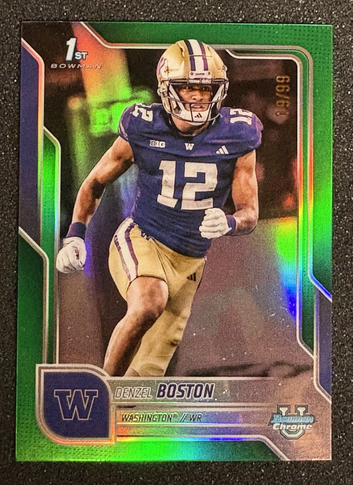 Denzel Boston - 2025 Bowman University Chrome #34 Green Refractor /99 UW Huskies