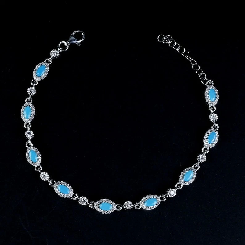 Women Dainty Oval Silver Oval Turquoise Tennis Bracelet - Image 2 of 4