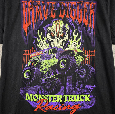 Grave Digger Monster Truck Shirt Mens Large Black Racing Casual Skull Fire NWT
