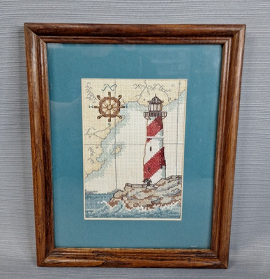Framed Finished Cross Stitch Art Piece Lighthouse Map Coastal Nautical 9x11