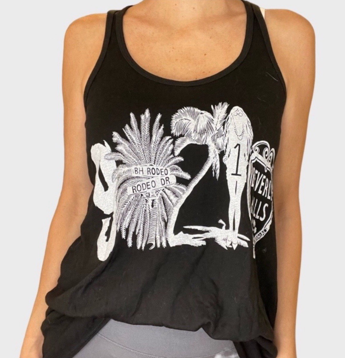 Lauren Moshi Beverly Hills 90210 tank Top Tunic Small S Black White Graphic EUC