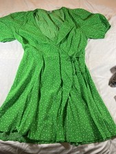A New Day Women's Wrap Dress V-Neck Short Puff Sleeves Size M Green Polka Dot