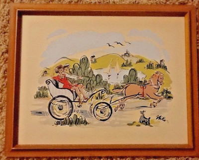 Set Vintage framed prints by NIKO Serigraph Southwestern Horse Buggy Cactus Lake