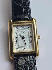 ESQ Movado Swiss Tank Watch Women’s 20mm Goldtone White Dial Black Leather Band