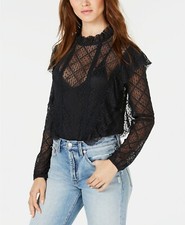 Free People Goldie Ruffled Lace Womens Bodysuit, MSRP 128 Black XS NWT