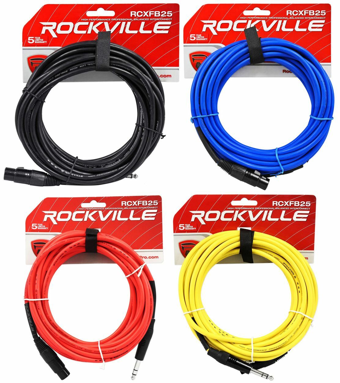4 Кабеля Rockville 25 с разъемами Rean XLR -1/4 TRS (4 цвета)