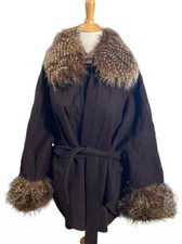 Coat Wool Blend Faux Fur Neck Belted Kimono Cape Jacket June Classic S