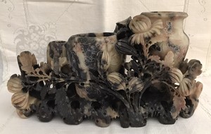 ANTIQUE Hand Carved Dark Soapstone Chinese Relief 3 Vase Floral Mums Sculpture
