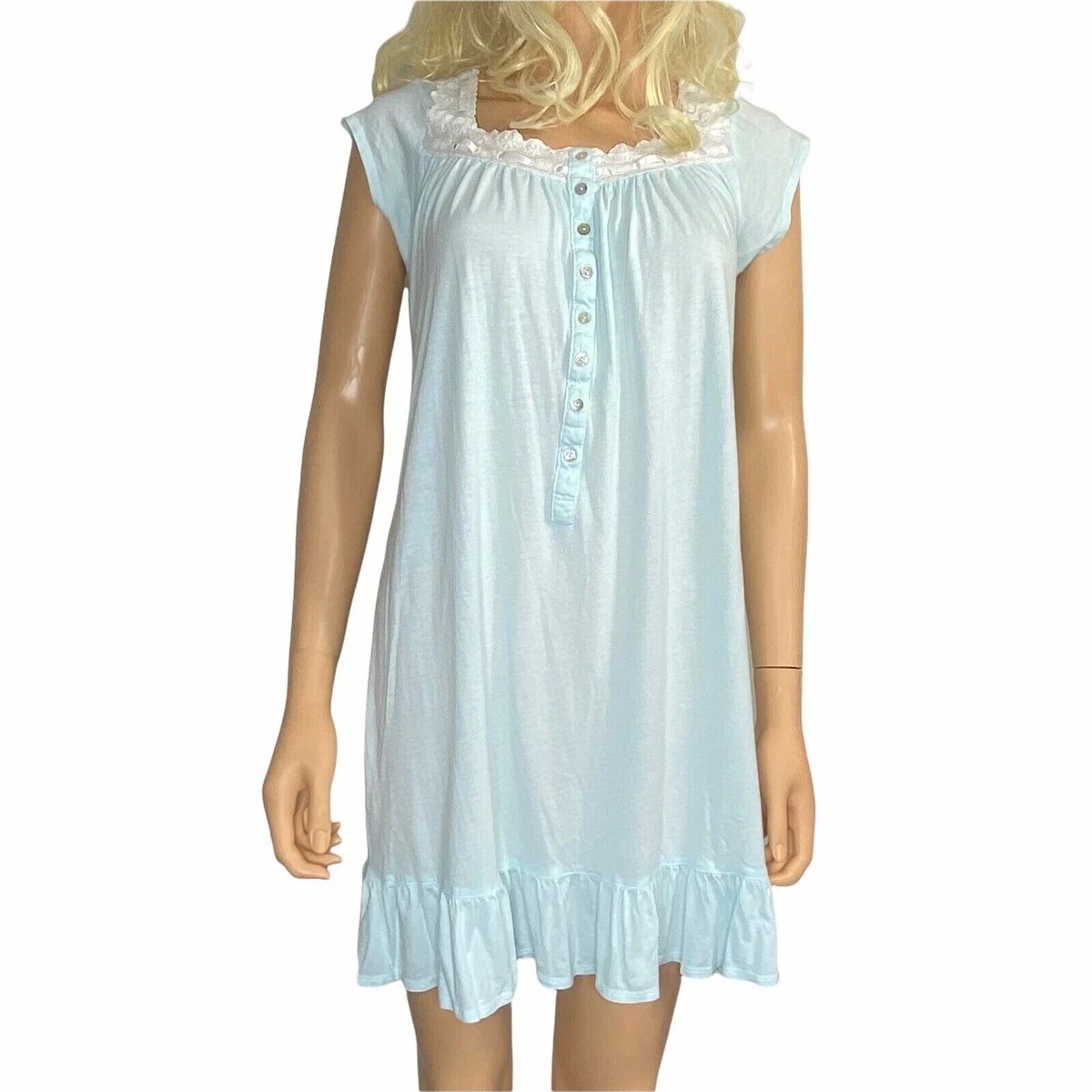 Eileen West Cotton Blend Nightgown Light Blue Chemise XS/S Short