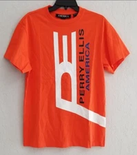 AMERICA PERRY ELLIS SHORT SLEEVE CREW NECK  ORANGE GRAPHIC T SHIRT SMALL  