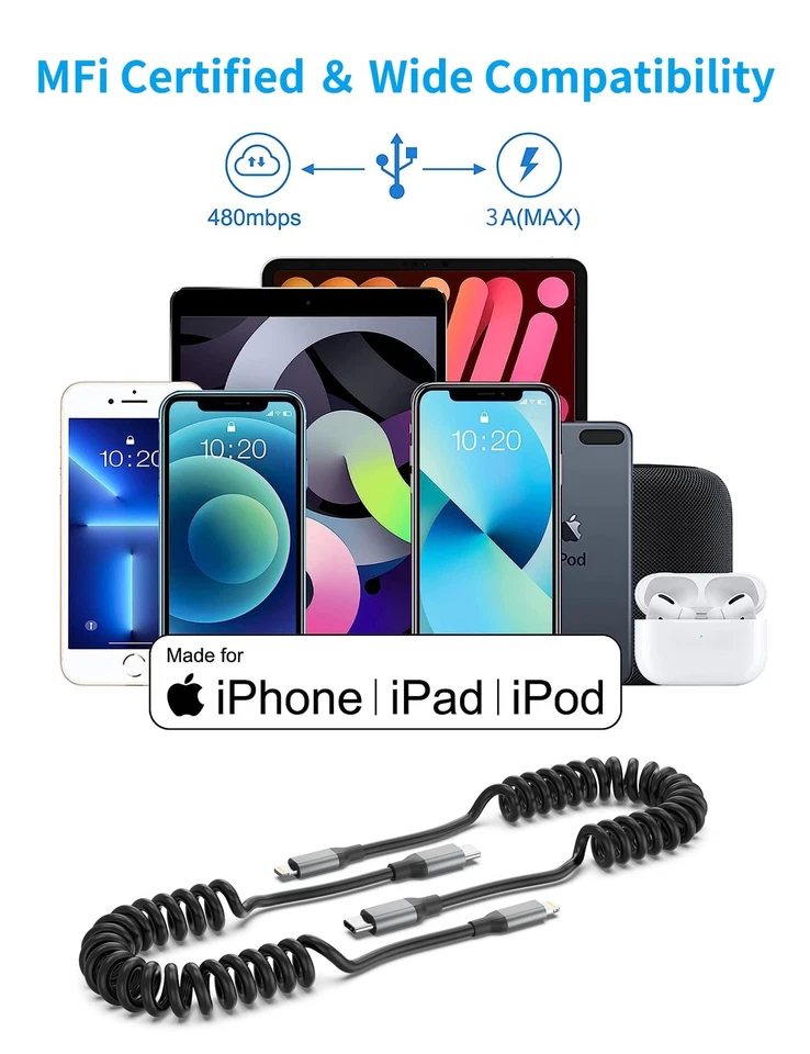 Pacote de 2 cabos de carga rápida USB em espiral para iPhone CarPlay cabo - Imagem 3 de 4