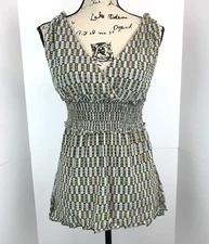 Vintage Y2K Max Studio Women Size S Mesh Babydoll Top Smocked Geometric