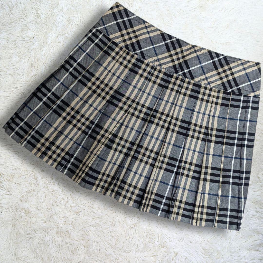 Burberry Blue Label Pleated Skirt Nova Check Leather Belt Vintage