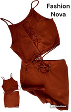 Fashion Nova SZ L Brown 2 PC Crisscross Tie Halter Crop Top Mini Skirt