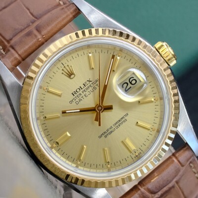 Rolex Mens Datejust 16233 Gold & Steel Champagne Dial Leather Band