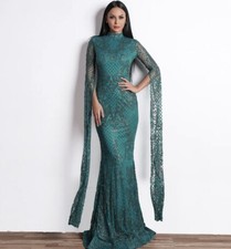 Green Cut Out Long Sleeve Geometry Glitter Glued Long Evening Dress Size 10 Au