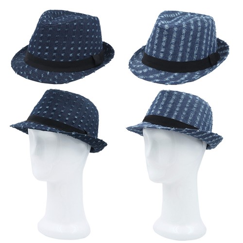 Premium Distressed Jeans Fabric Black Band Fedora Hat - Different Colors - 第 1/9 張圖片